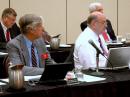 Southwestern Division Director Dick Norton, N6AA, and West Gulf Division Director David Woolweaver, K5RAV, listen intently to a presentation to a presentation during Friday’s portion of the 2012 Annual Meeting. West Gulf Division Vice Director John Robert Stratton, N5AUS, and Rick Niswander, K7GM, are behind them. [Steve Ford, WB8IMY, Photo]